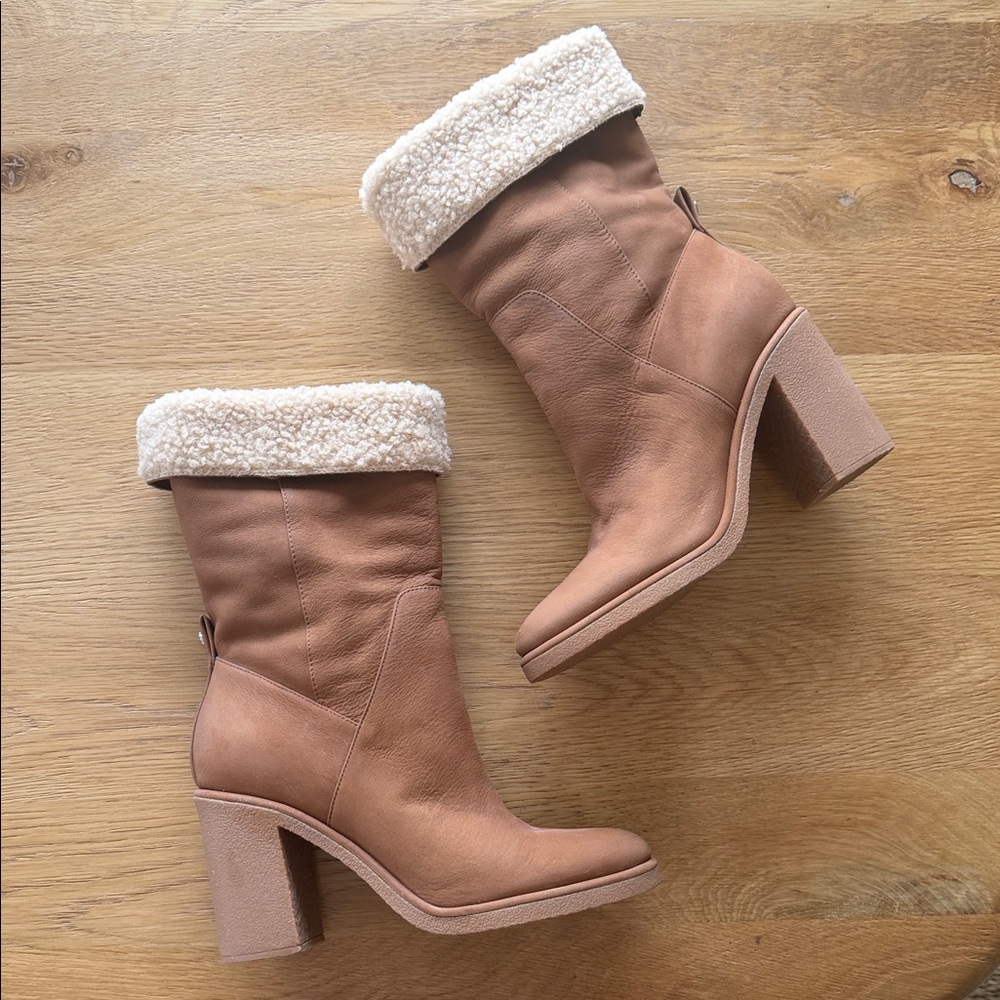 Dolce Vita Tan Leather Block Heel Boots with Cream Shearling Cuff